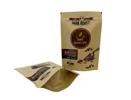Komposta edilebilir Biyodegradable Standup Düz Alt Kraft Kağıt Gıda Paketleme Fermuar Cüzdan Valfeli Özel Basılmış Kahve Torbası