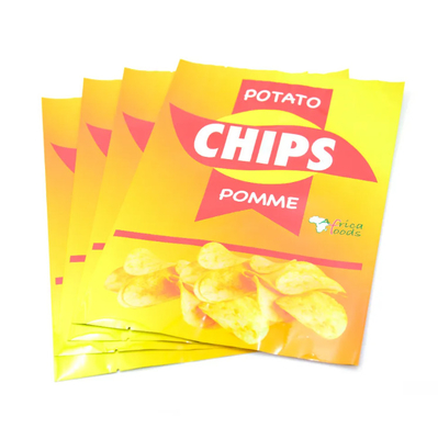 Patates patatesleri için katlanmış sarı parlak gıda kalitesi plastik torbalar Sıcaklık Dayanımlı Alüminyum folyo arka tarafı atıştırmalık paketi için arka tarafı