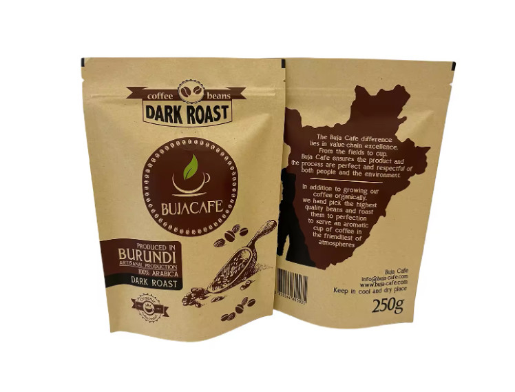 Komposta edilebilir Biyodegradable Standup Düz Alt Kraft Kağıt Gıda Paketleme Fermuar Cüzdan Valfeli Özel Basılmış Kahve Torbası
