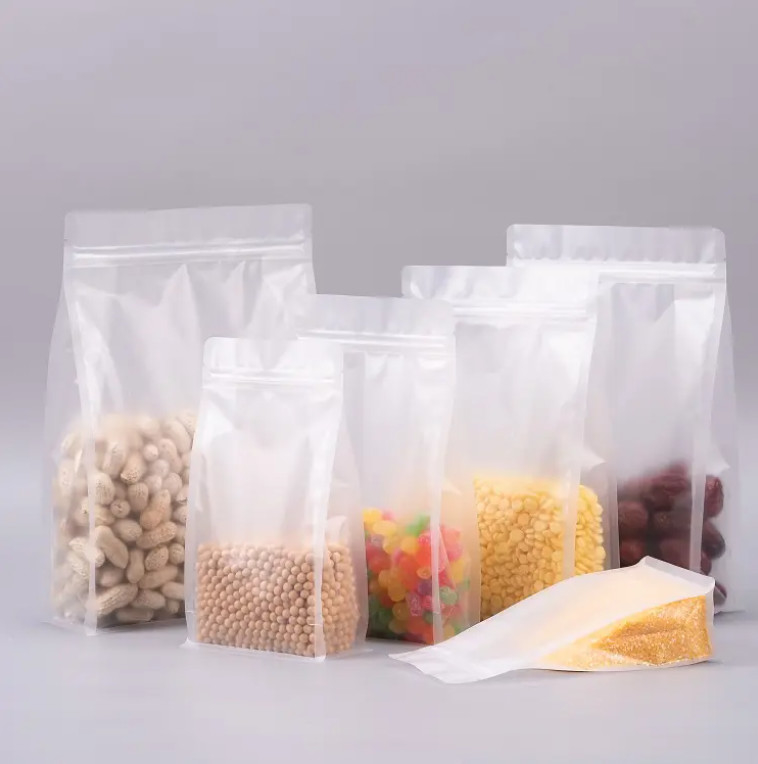 Özel Düz Alt Sekiz Taraflı Mühür Açık Şeffaf Zip Kilit Kuru Meyve Gıda Pirinç Ambalaj Plastik Stand Up Pocket