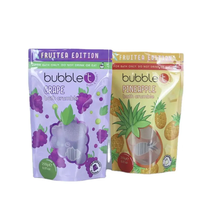 Özel basılı dik açılır ziplock plastik ambalaj torbaları açık pencere ile vücut fırçalama ve banyo tuzları ambalajlama için