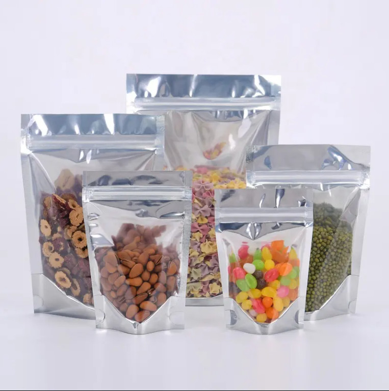 Parlak Tekrar Kullanılabilir Laminasyonlu Alüminyum Folyo Gıda Teslimi Ziplock Çantalar Yin Yang Stand Up Pocket Açık Ön