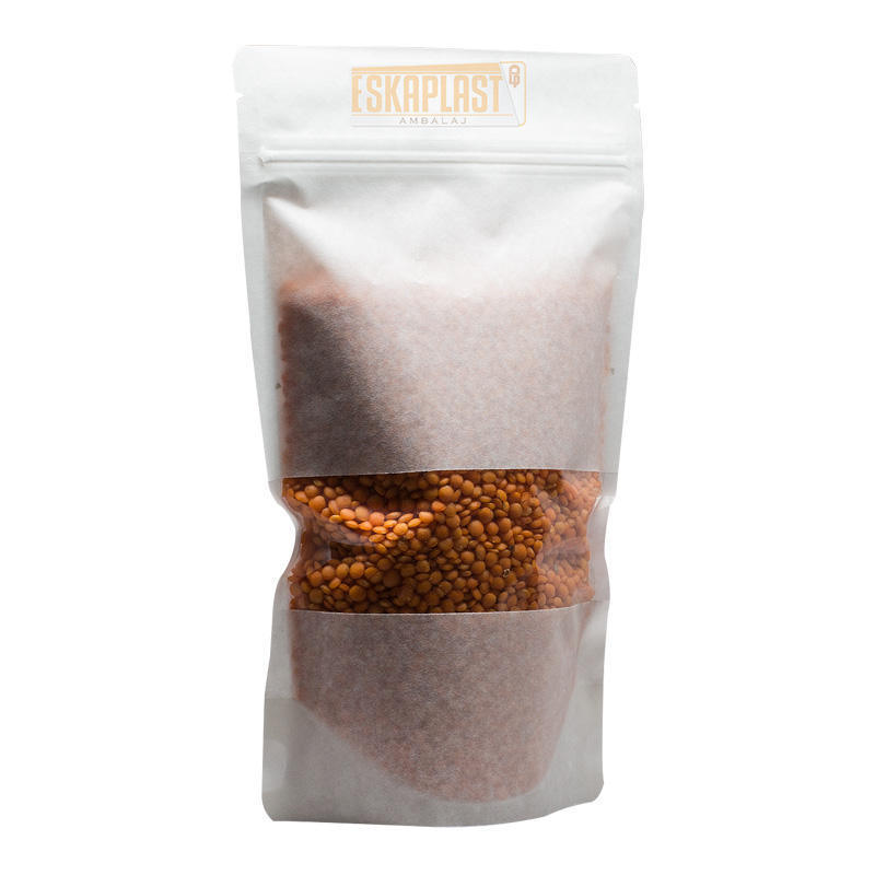 Küçük Pencereli Beyaz İnek Derisi Çanta (Ayakta Duran Çanta), Özel Baskılı Fermuar, Kraft Kağıdı Ayakta Duran Çanta/Gıda Ambalaj Çantası